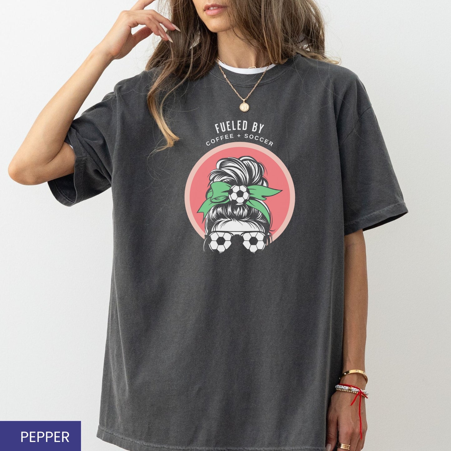 Fueled by Coffee & Soccer T-Shirt – Game Day & Coffee Lover Shirt with Custom Bow Color