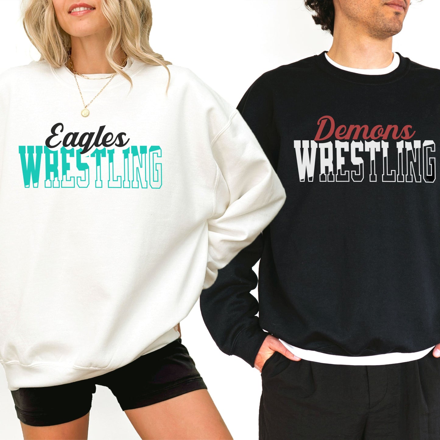Personalized Wrestling Team Mascot Crewneck Sweatshirt – Custom School Colors & Outline Text Design