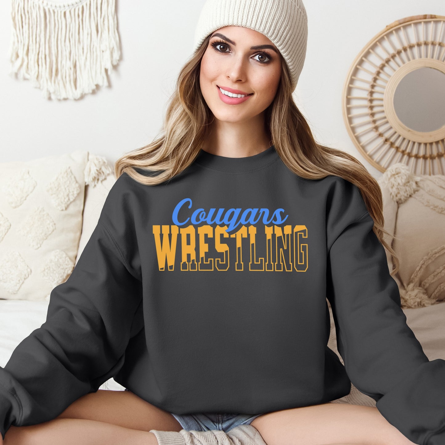 Personalized Wrestling Team Mascot Crewneck Sweatshirt – Custom School Colors & Outline Text Design