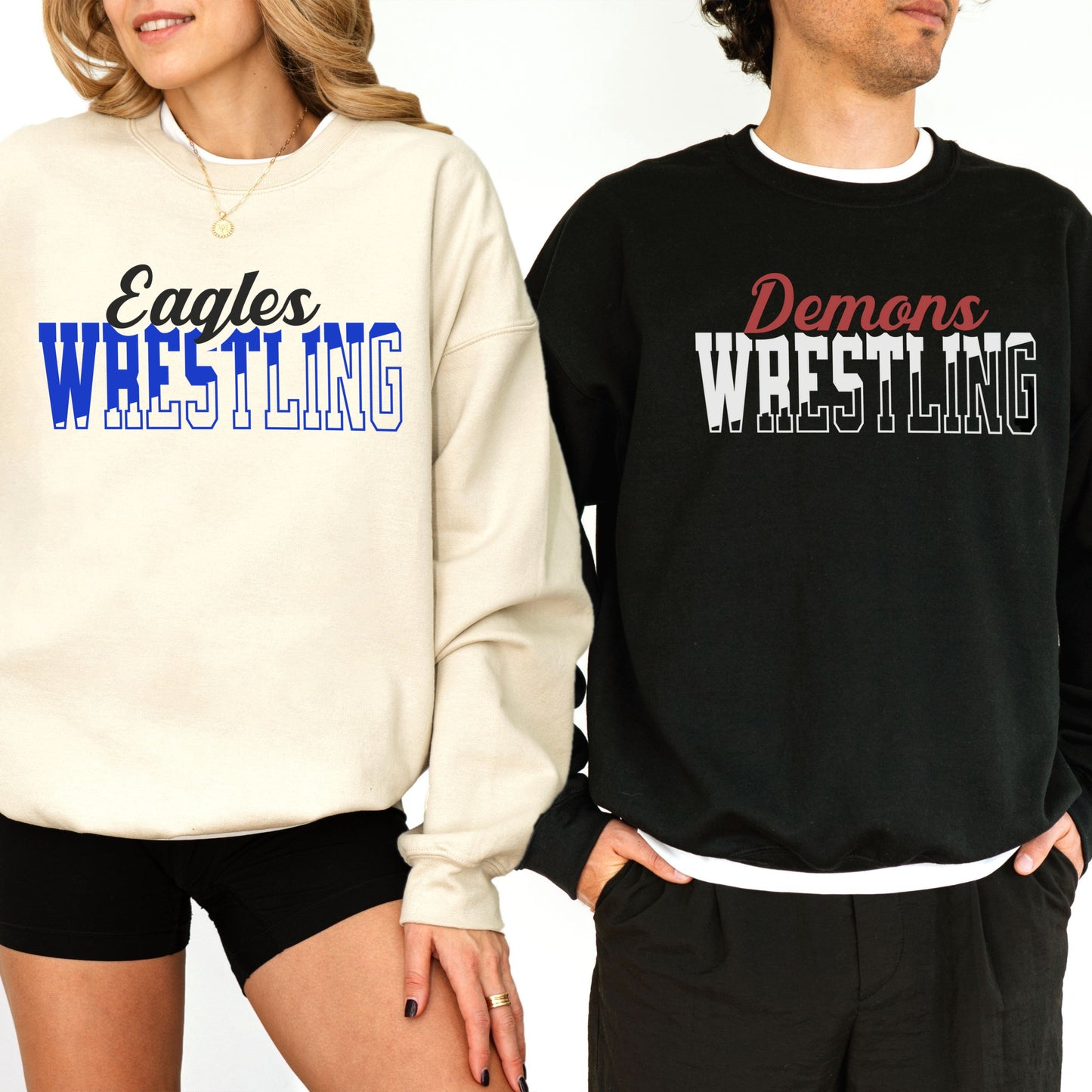 Personalized Wrestling Team Mascot Crewneck Sweatshirt – Custom School Colors & Outline Text Design