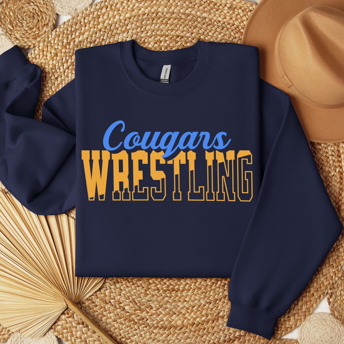 Personalized Wrestling Team Mascot Crewneck Sweatshirt – Custom School Colors & Outline Text Design