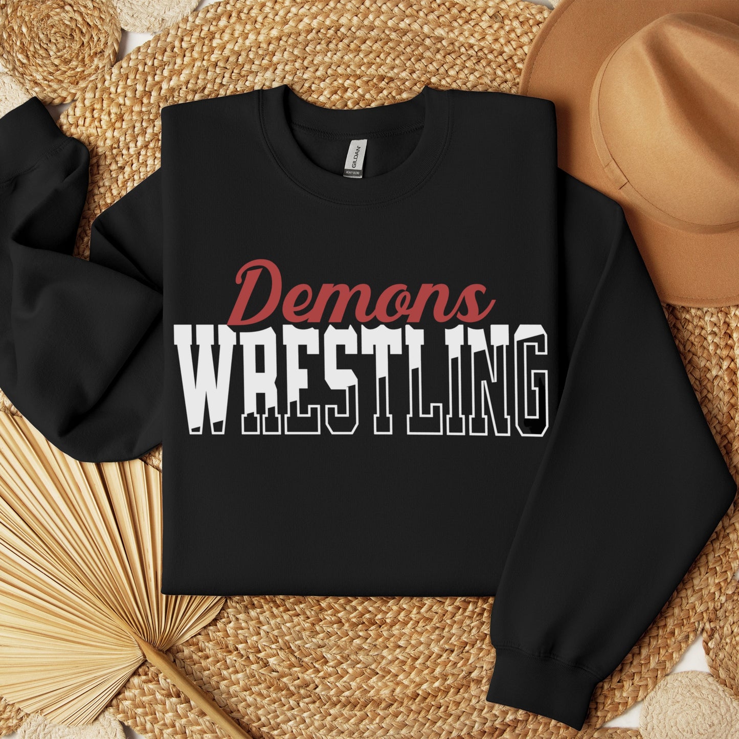 Personalized Wrestling Team Mascot Crewneck Sweatshirt – Custom School Colors & Outline Text Design