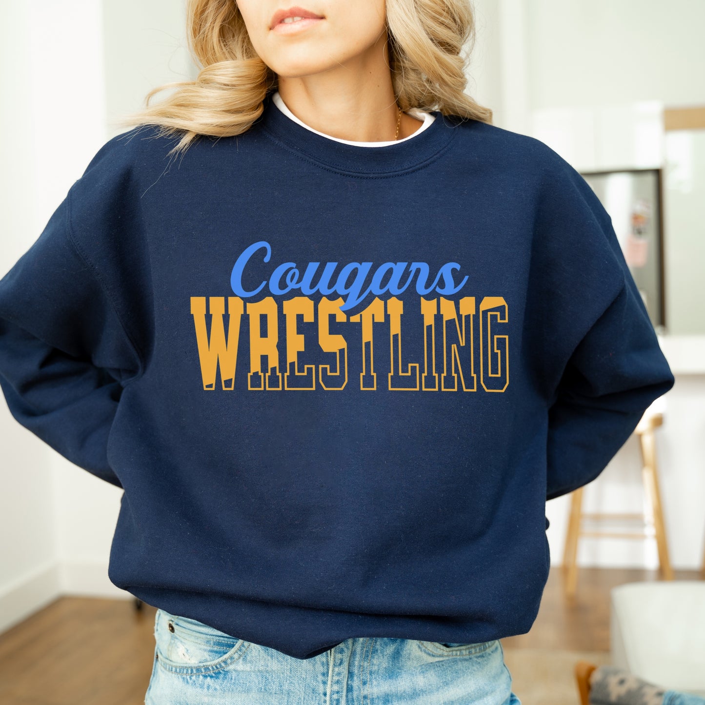 Personalized Wrestling Team Mascot Crewneck Sweatshirt – Custom School Colors & Outline Text Design