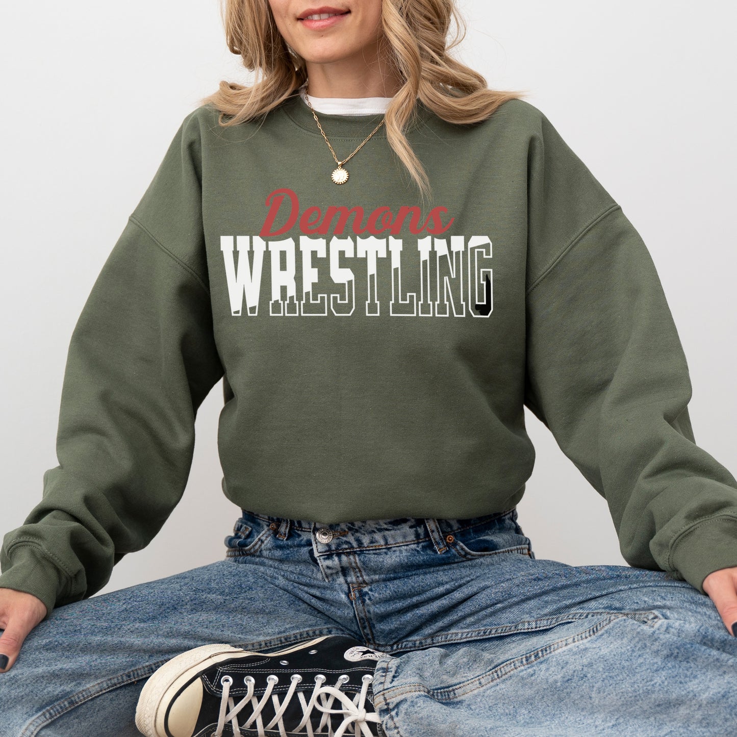 Personalized Wrestling Team Mascot Crewneck Sweatshirt – Custom School Colors & Outline Text Design
