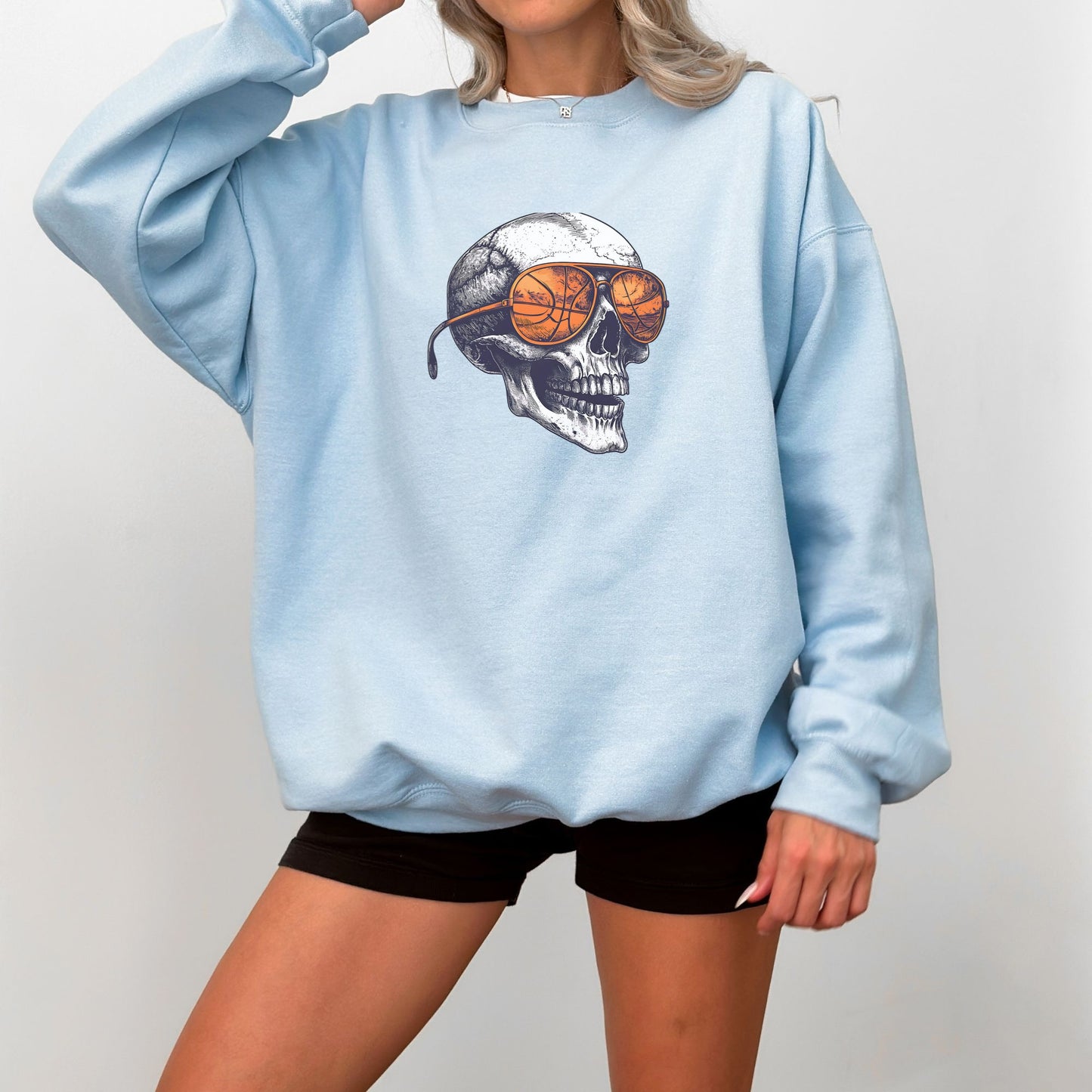 Retro Basketball Skull Crewneck Sweatshirt – Vintage Grunge Sports Sweatshirt