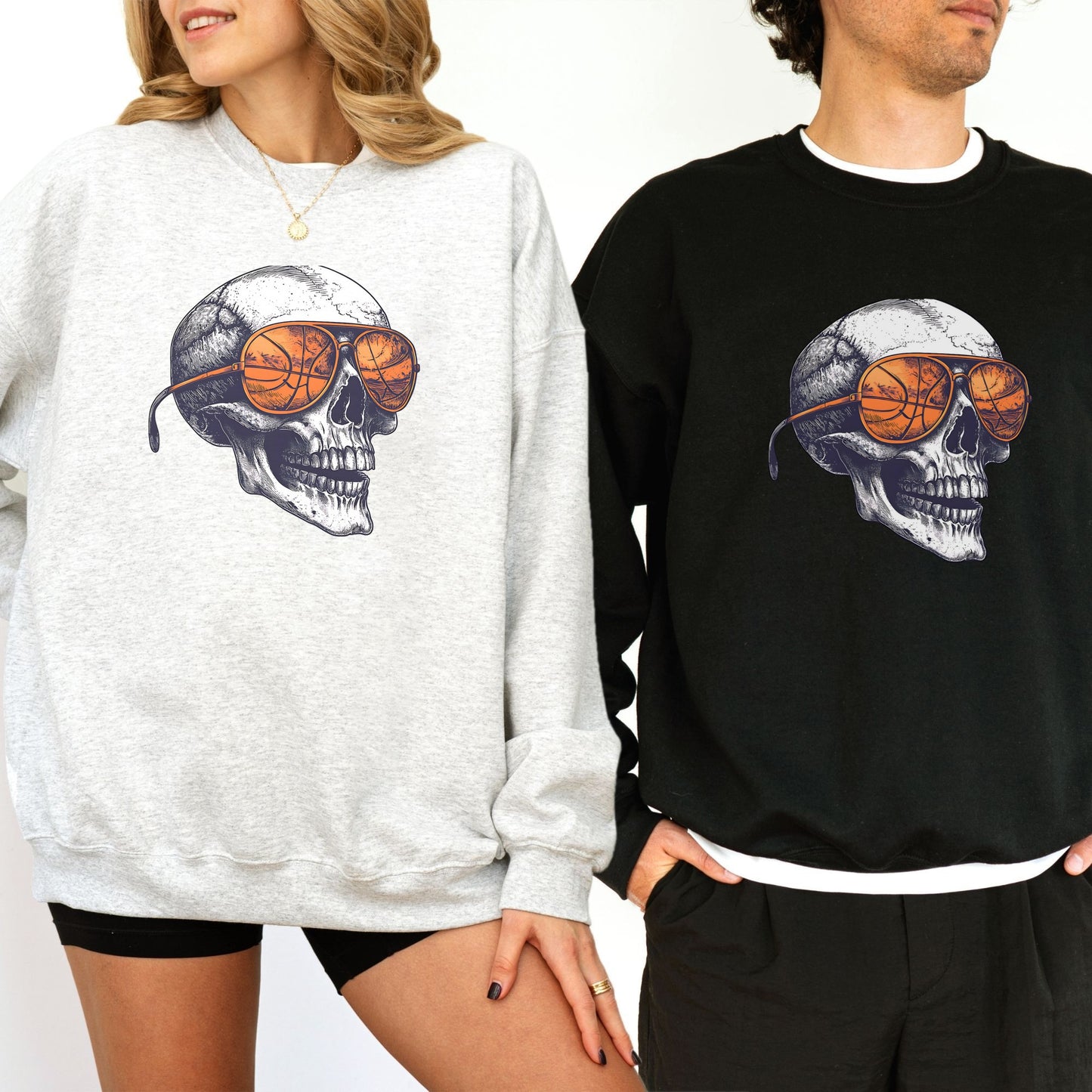 Retro Basketball Skull Crewneck Sweatshirt – Vintage Grunge Sports Sweatshirt