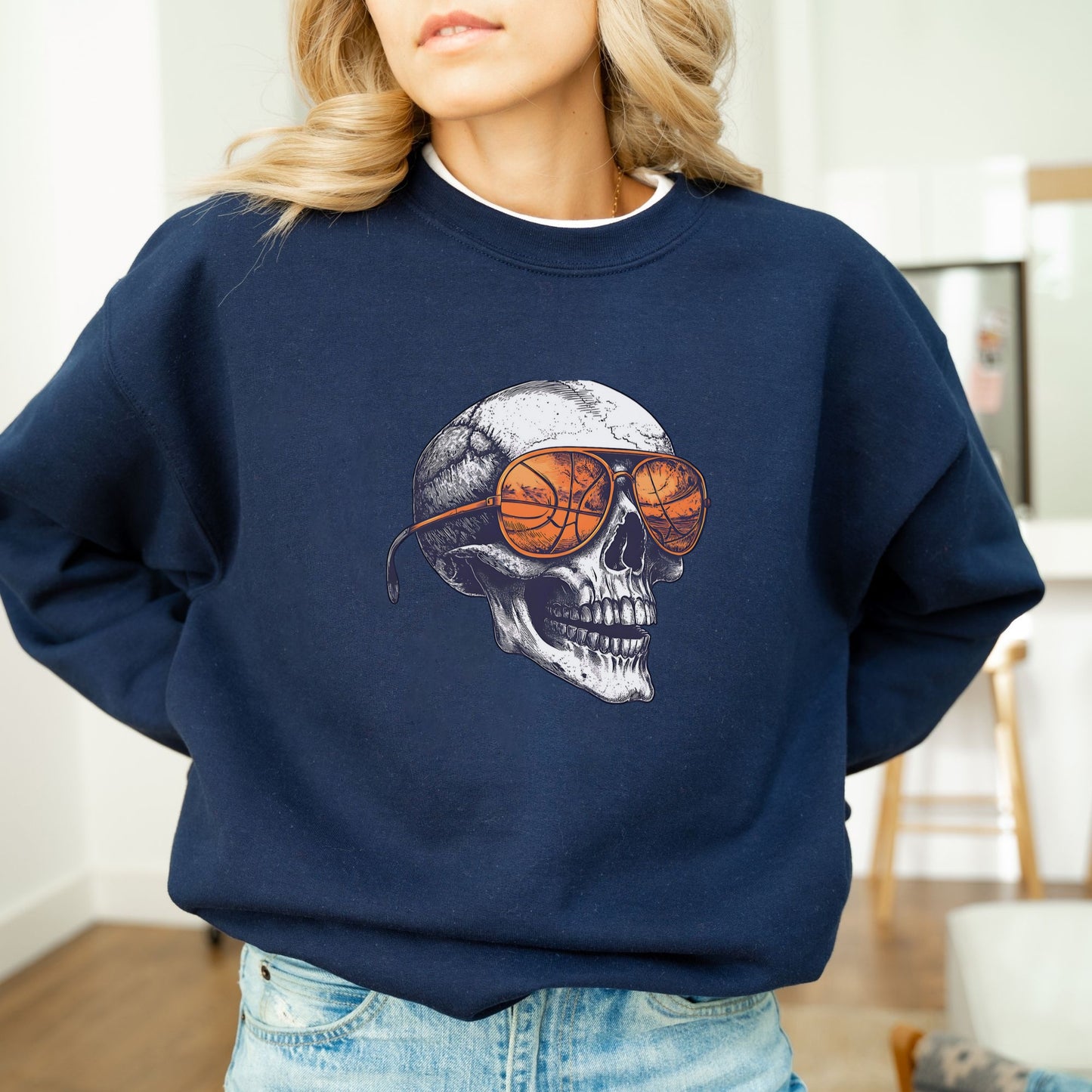 Retro Basketball Skull Crewneck Sweatshirt – Vintage Grunge Sports Sweatshirt
