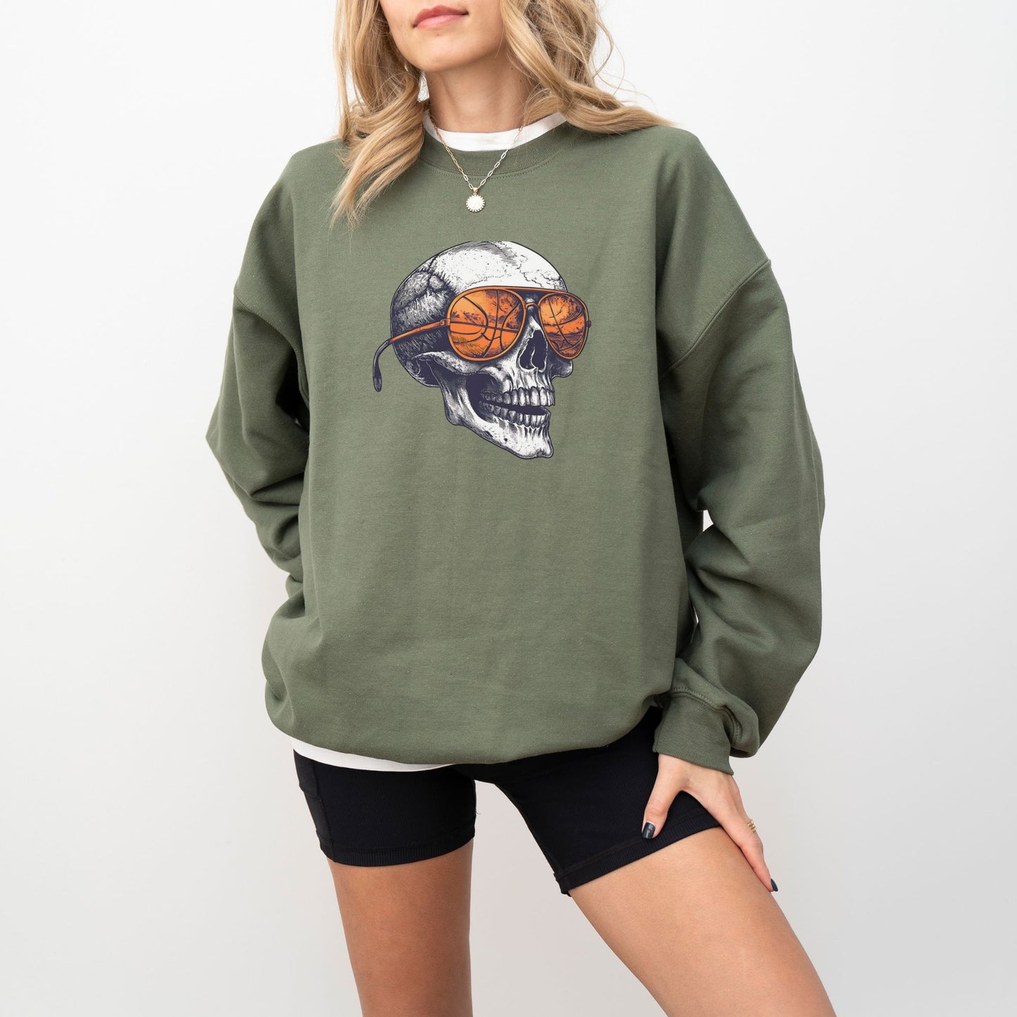 Retro Basketball Skull Crewneck Sweatshirt – Vintage Grunge Sports Sweatshirt