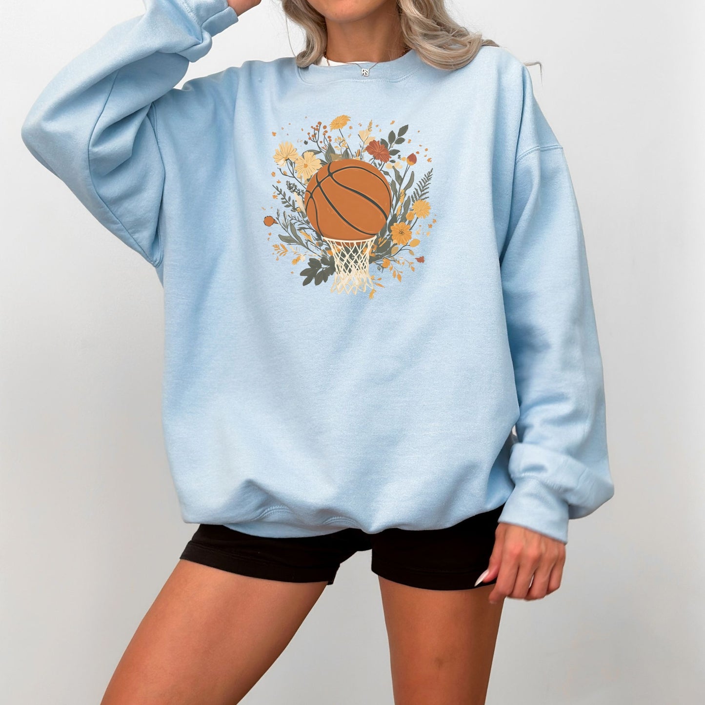 Vintage Floral Basketball Crewneck Sweatshirt – Retro Botanical Sports Pullover