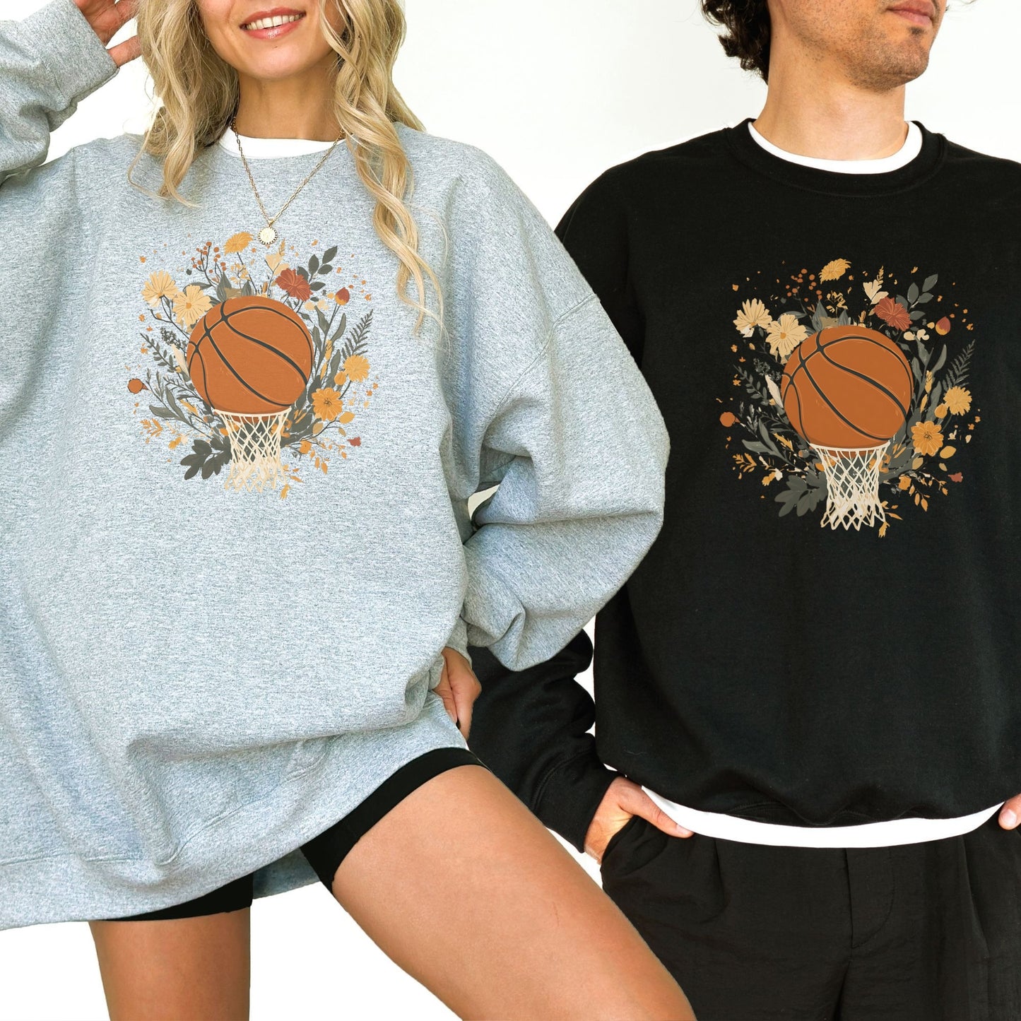 Vintage Floral Basketball Crewneck Sweatshirt – Retro Botanical Sports Pullover