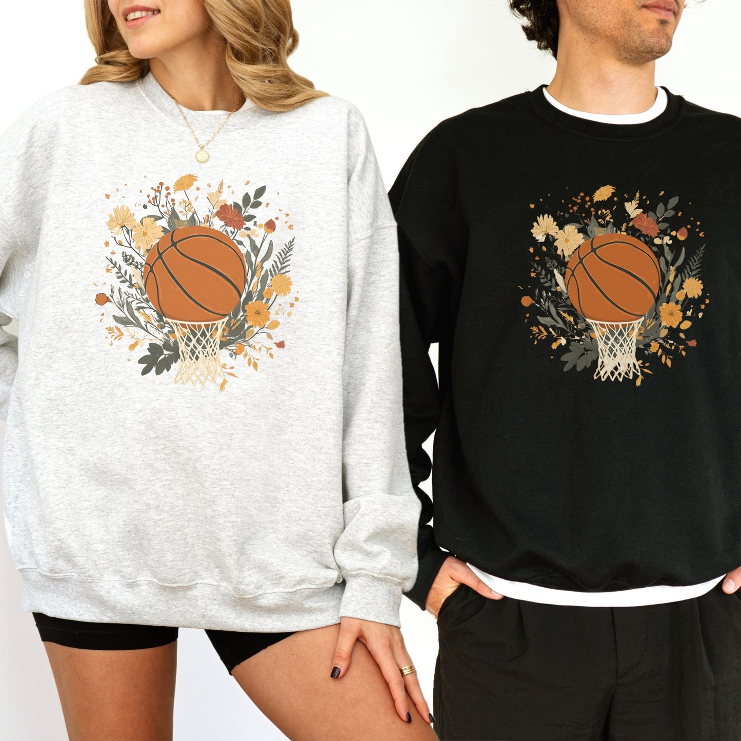 Vintage Floral Basketball Crewneck Sweatshirt – Retro Botanical Sports Pullover