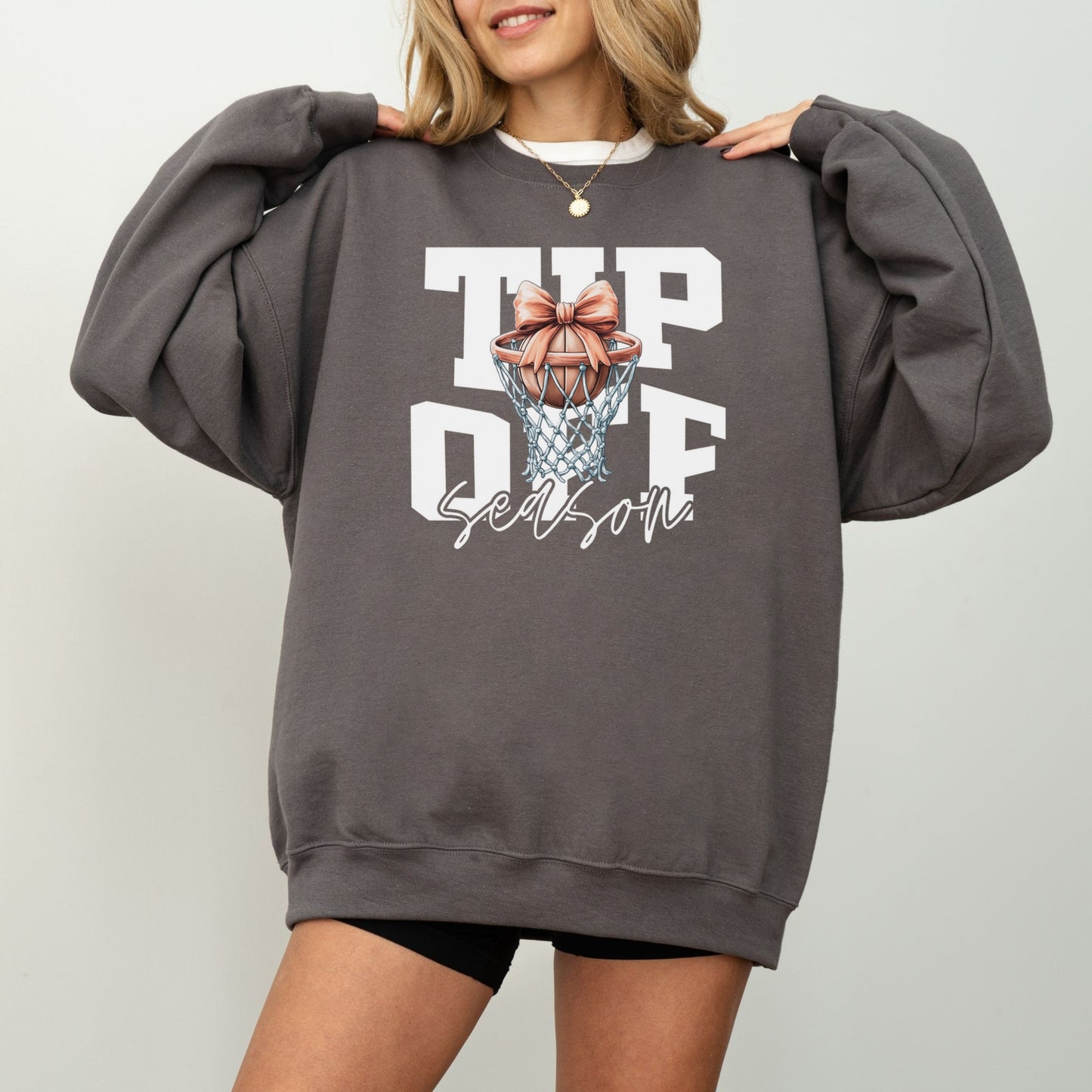 Tip-Off Season Vintage Basketball Crewneck Sweatshirt – Retro Coquette Bow Style