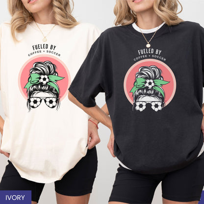 Fueled by Coffee & Soccer T-Shirt – Game Day & Coffee Lover Shirt with Custom Bow Color
