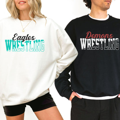 Personalized Wrestling Team Mascot Crewneck Sweatshirt – Custom School Colors & Outline Text Design