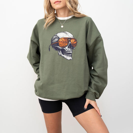 Retro Basketball Skull Crewneck Sweatshirt – Vintage Grunge Sports Sweatshirt