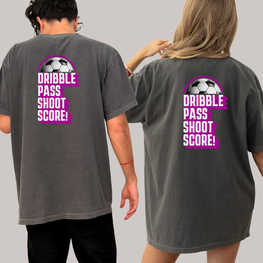Dribble. Pass. Shoot. SCORE! ⚽ – Retro Soccer T-Shirt with Customizable Font Color