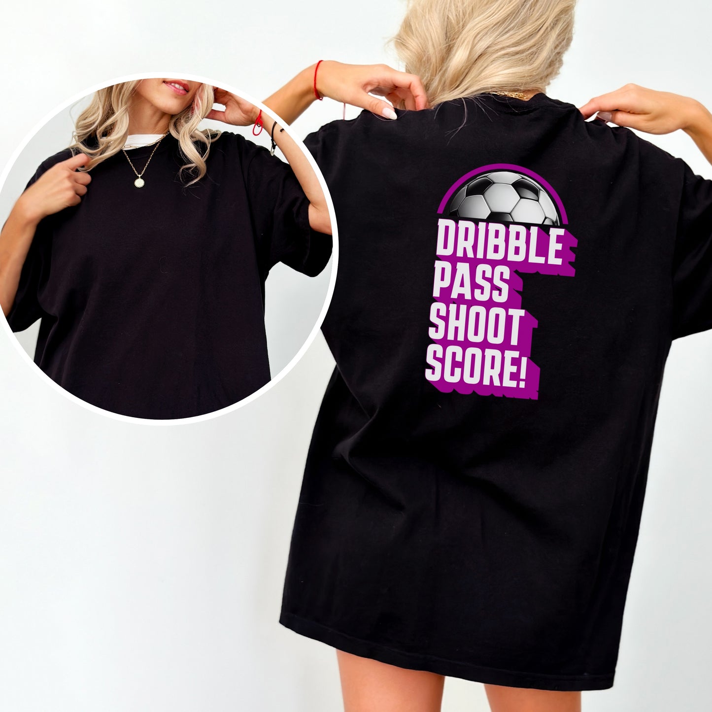 Dribble. Pass. Shoot. SCORE! ⚽ – Retro Soccer T-Shirt with Customizable Font Color