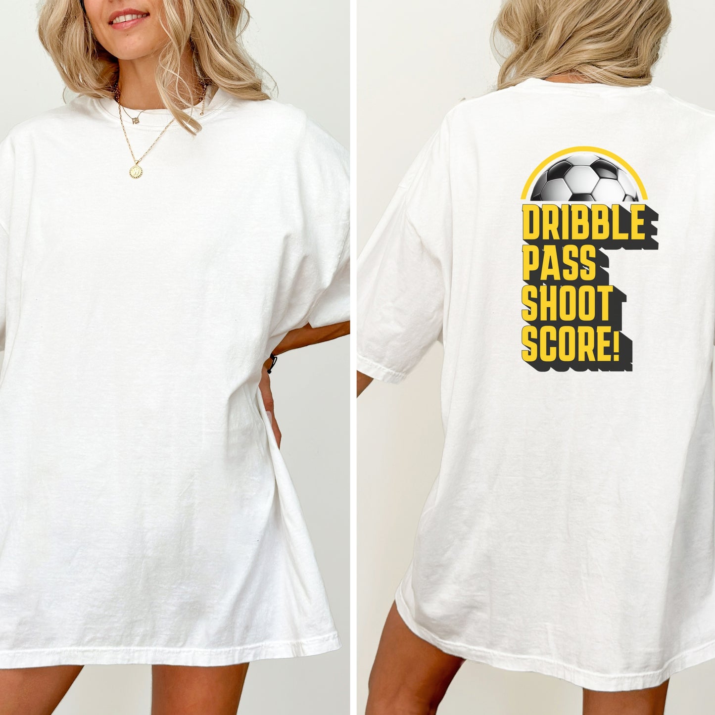 Dribble. Pass. Shoot. SCORE! ⚽ – Retro Soccer T-Shirt with Customizable Font Color