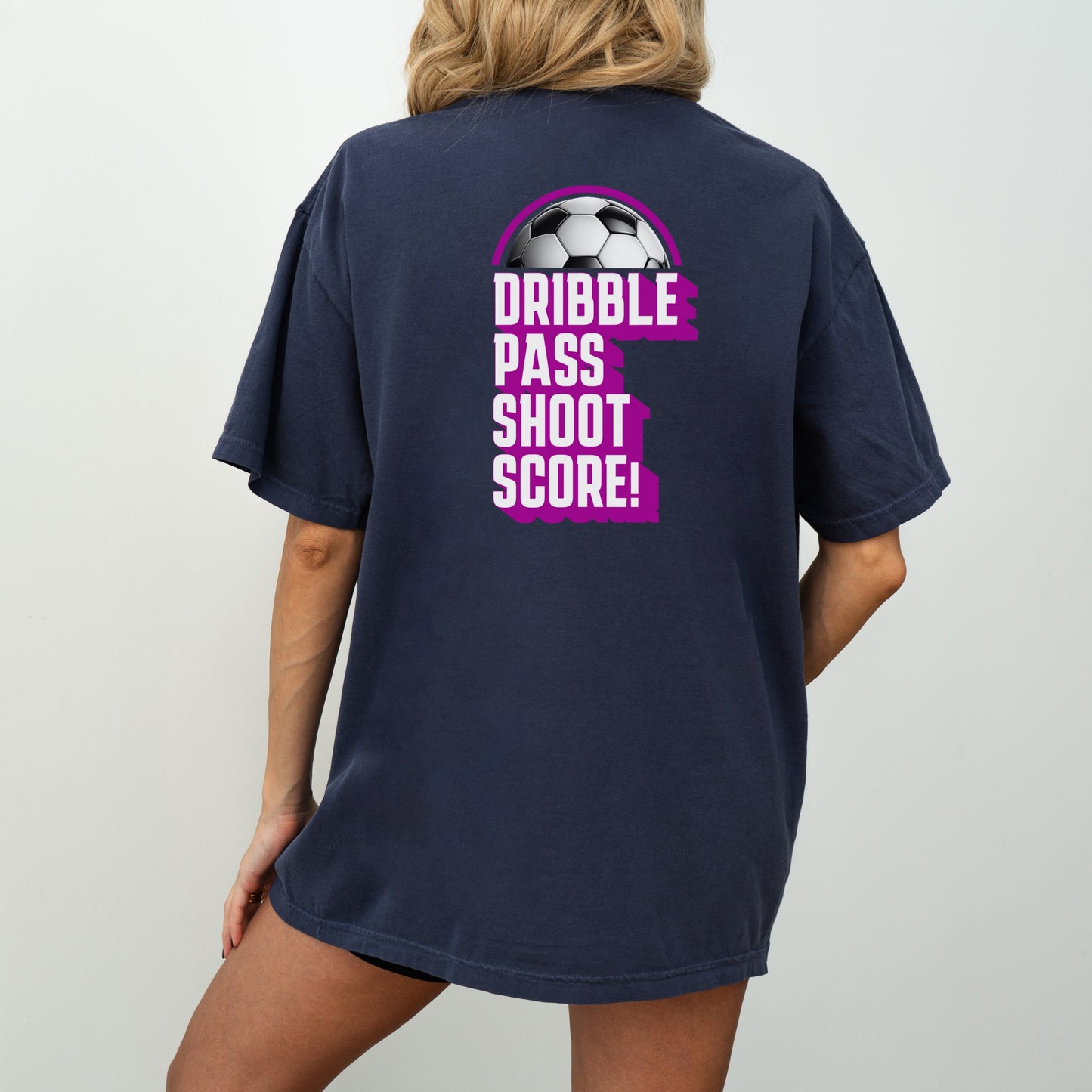 Dribble. Pass. Shoot. SCORE! ⚽ – Retro Soccer T-Shirt with Customizable Font Color
