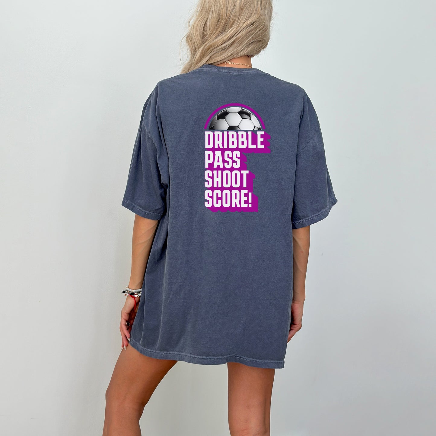 Dribble. Pass. Shoot. SCORE! ⚽ – Retro Soccer T-Shirt with Customizable Font Color