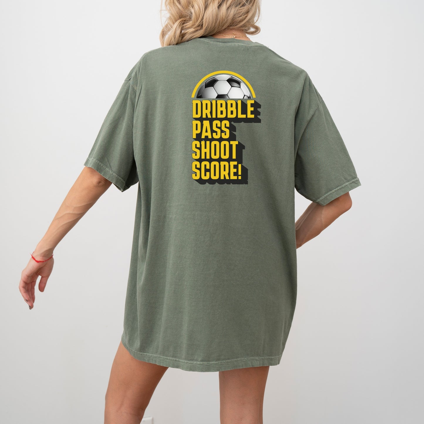 Dribble. Pass. Shoot. SCORE! ⚽ – Retro Soccer T-Shirt with Customizable Font Color