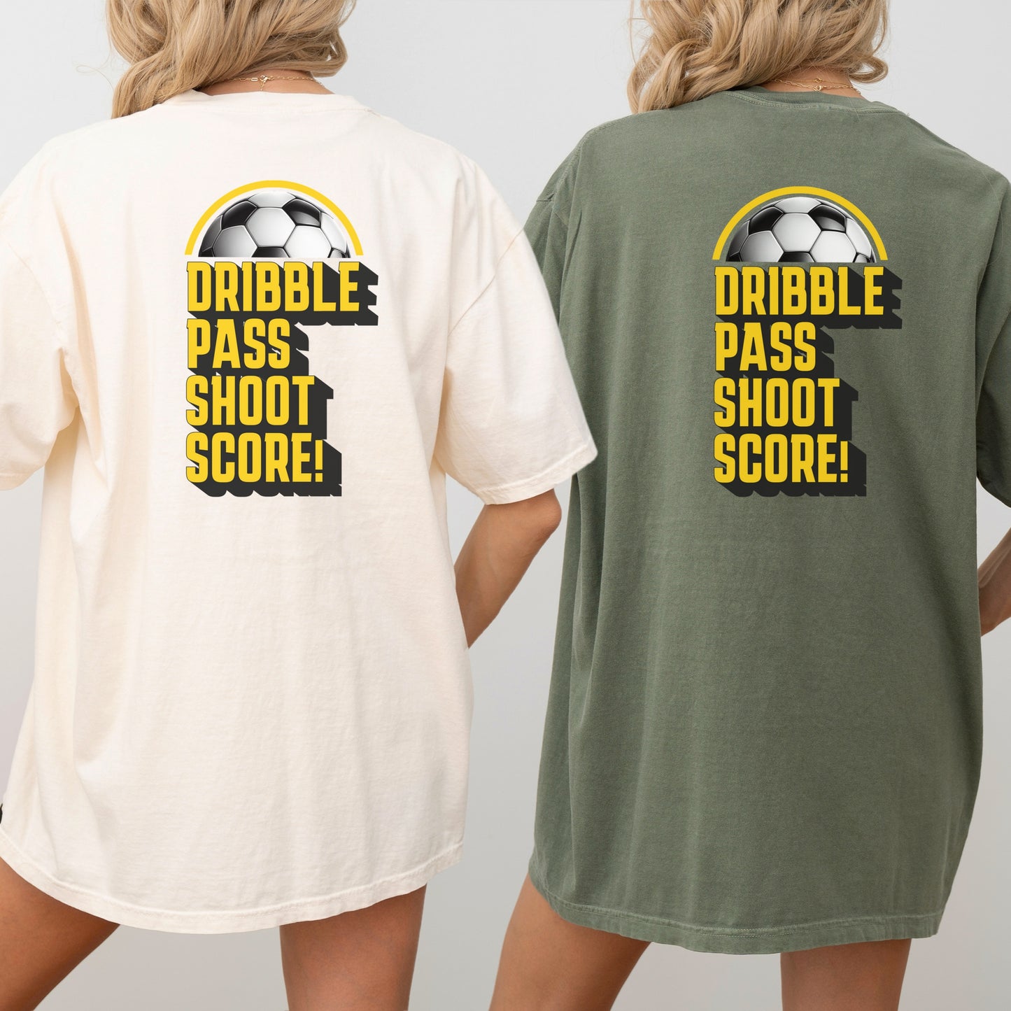 Dribble. Pass. Shoot. SCORE! ⚽ – Retro Soccer T-Shirt with Customizable Font Color