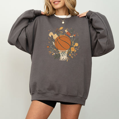 Vintage Floral Basketball Crewneck Sweatshirt – Retro Botanical Sports Pullover