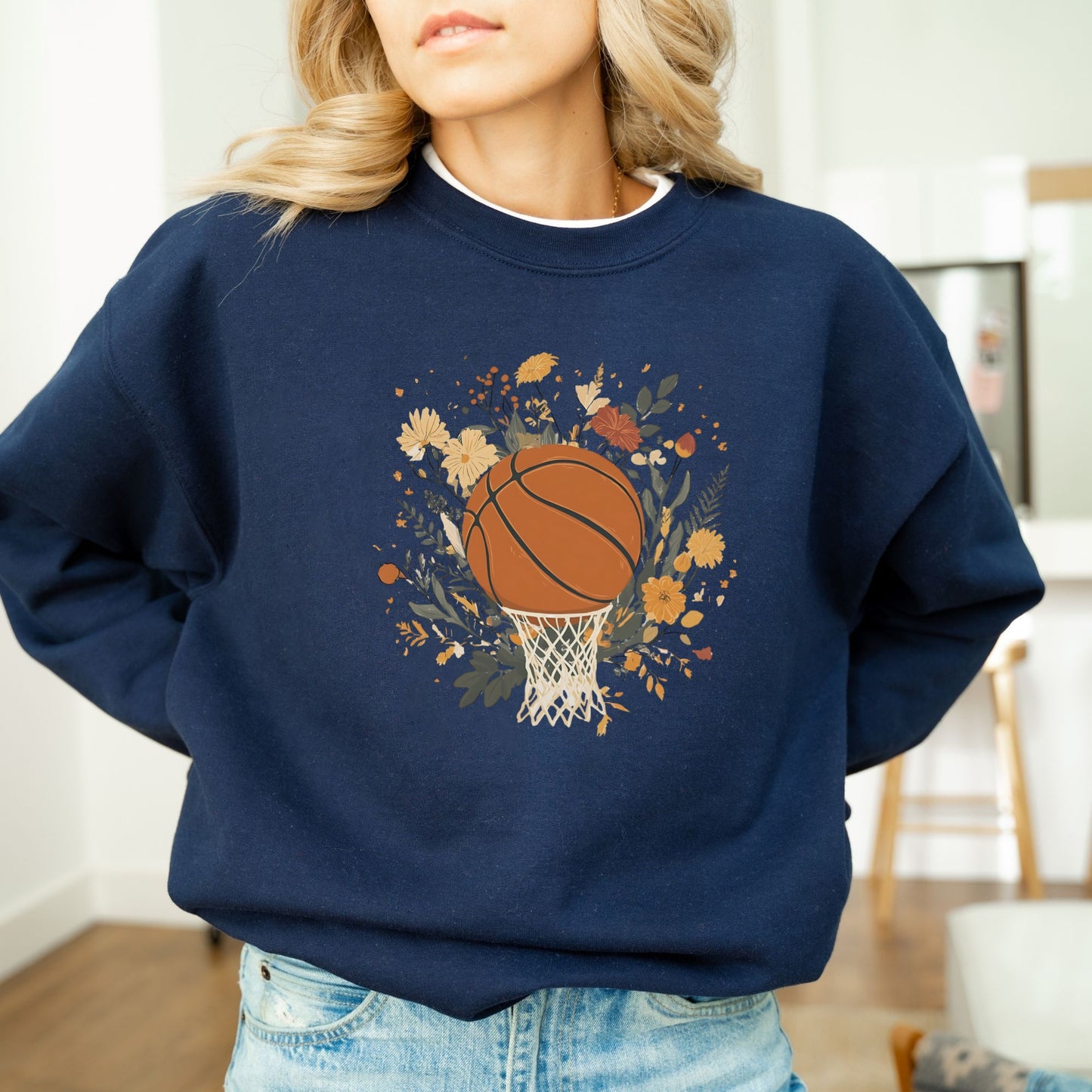 Vintage Floral Basketball Crewneck Sweatshirt – Retro Botanical Sports Pullover