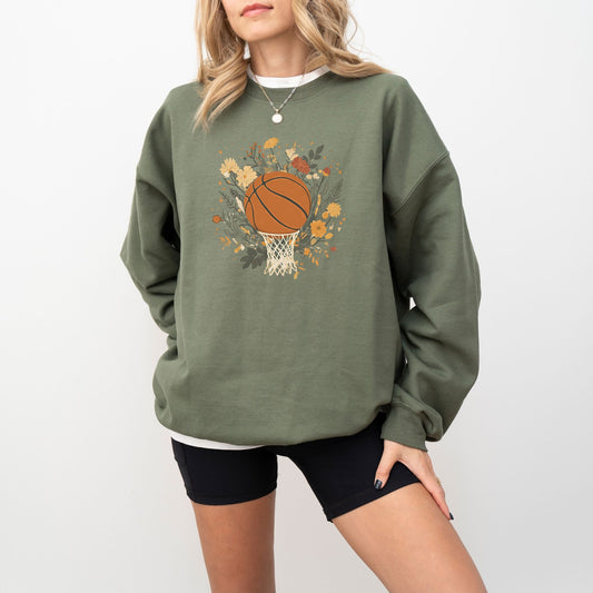 Vintage Floral Basketball Crewneck Sweatshirt – Retro Botanical Sports Pullover