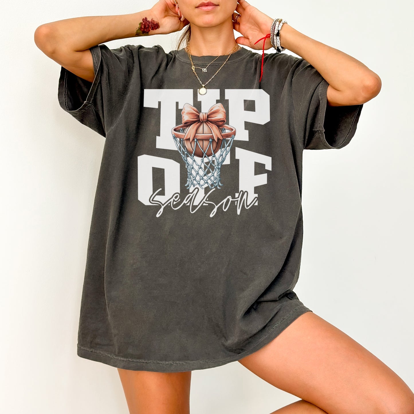 Tip-Off Season Vintage Basketball T-Shirt – Retro Coquette Bow Style